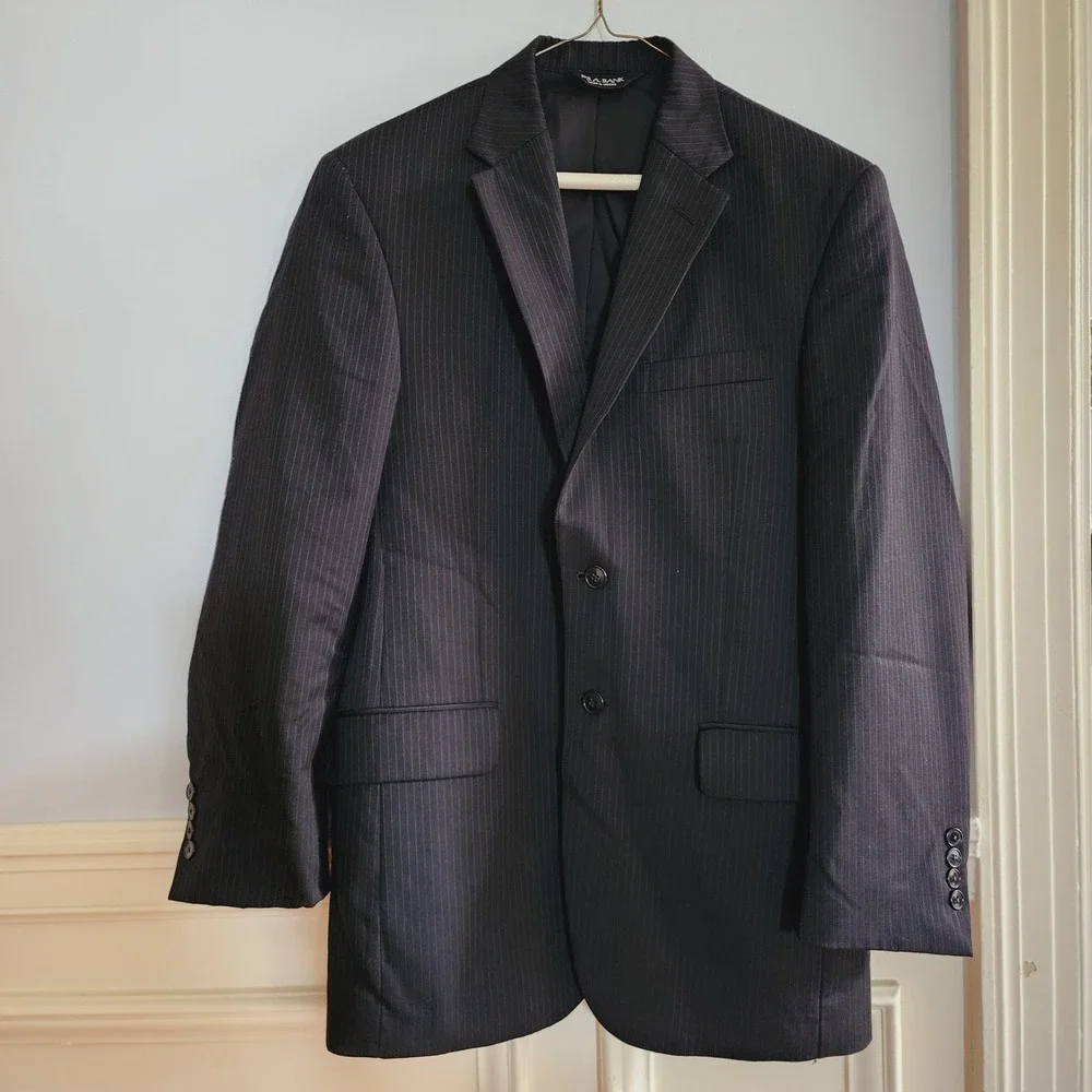Jos A Bank Mens Suit Jacket Black Pinstripe Single Breasted %100 wool Size 37RG